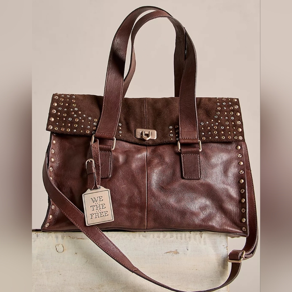 Free People Chocolate Brown Studded Leather & Suede Tote